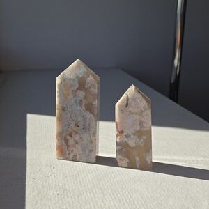 Flower Agate Crystal Towers Pair Translucent Pink + White Chalcedony set of 2